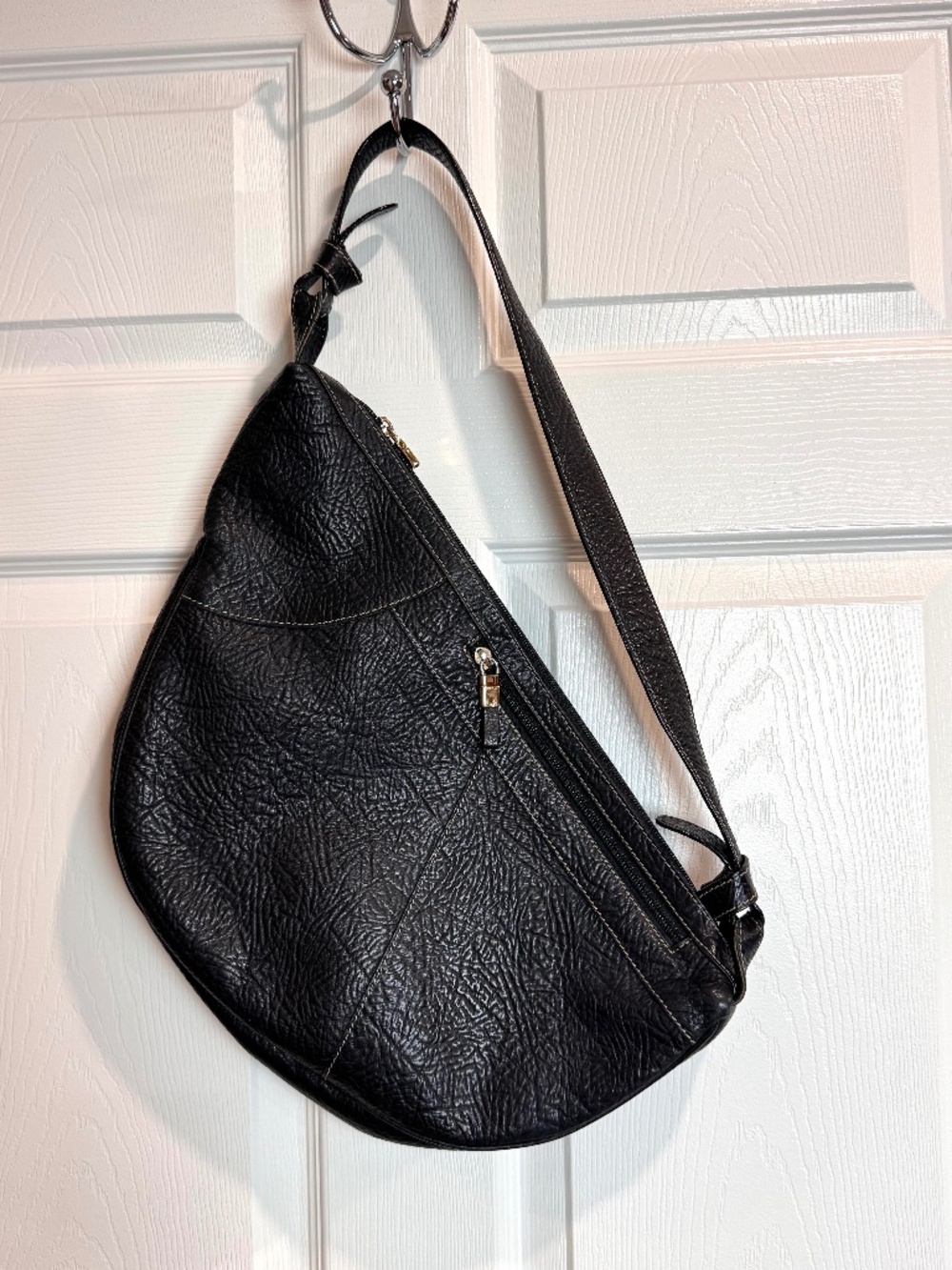 TUSK New York Black Pebbled Leather Sling Bag,  EUC.